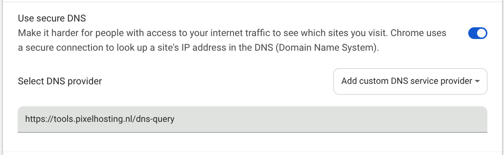 Chrome custom secure DNS setting with PxlDNS