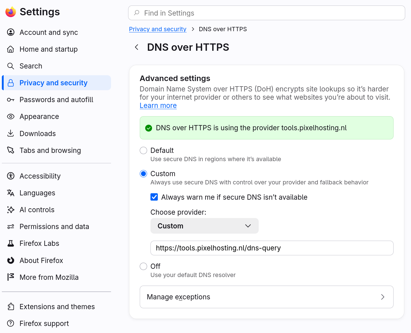Firefox custom DNS-over-HTTPS setting with PxlDNS